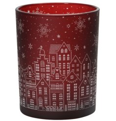 Red Christmas Scene Candle Holder 12cm