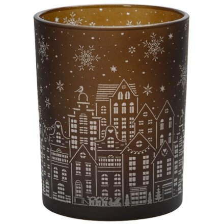 Xmas Winter Houses Candle Holder, 12cm