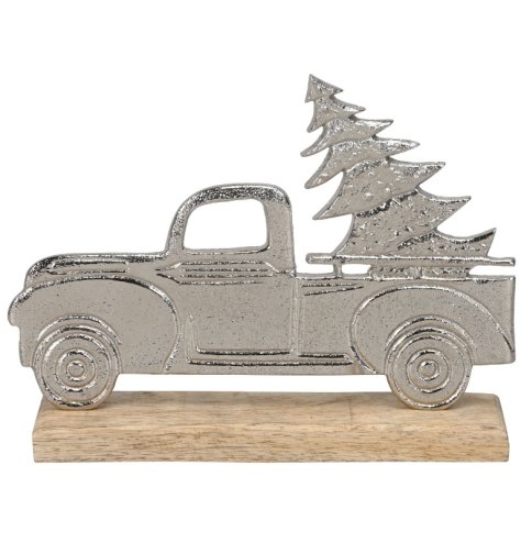 Silver Xmas Car Tree on Wooden Base, 21.5cm