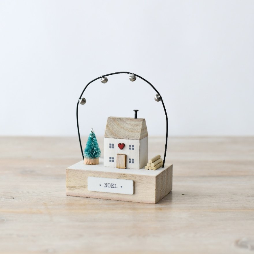 Mini Wooden House Ornament W/ Bells, 13cm