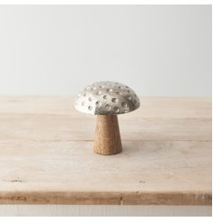 A sweet mushroom mango decoration made from a mix of mango wood and metal with 3D spot detailing. 