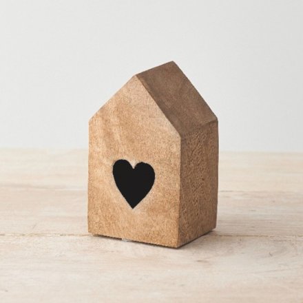 Wood Block House With Heart , 12.5cm 