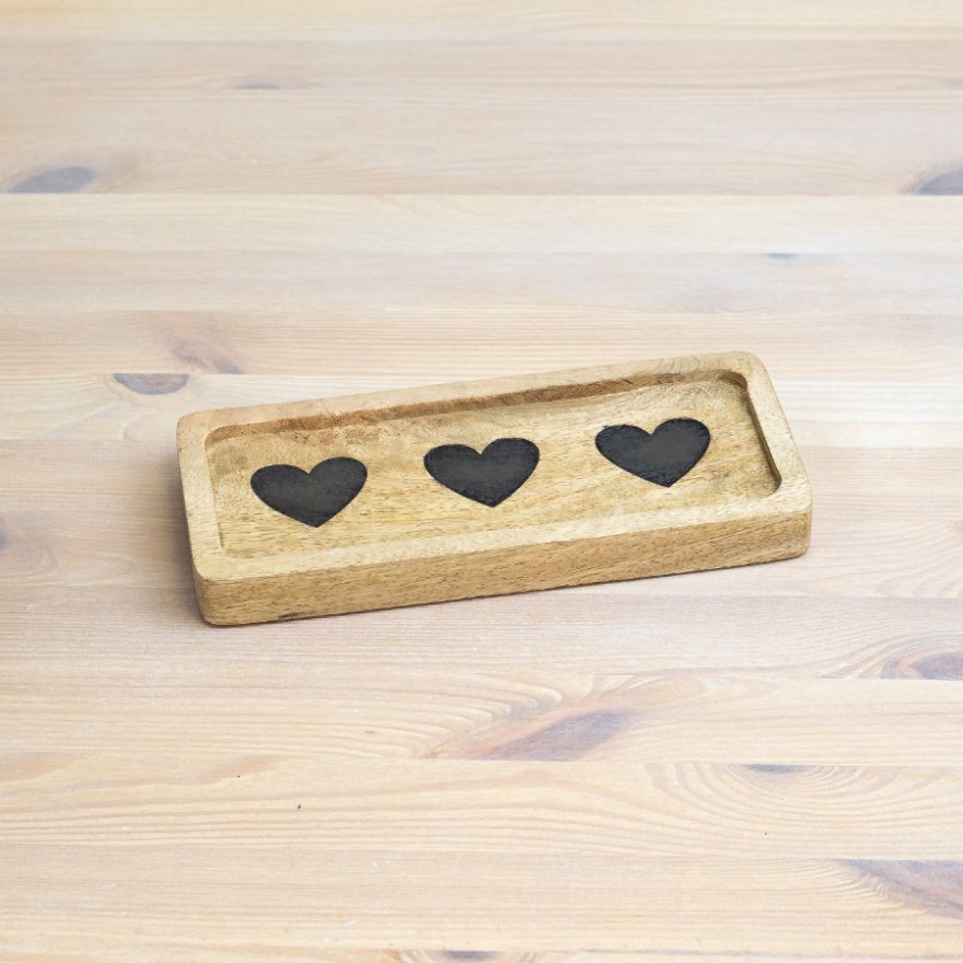 Serving Wooden Tray with Hearts, 23cm 