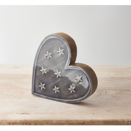 Grey Wooden Star Heart 15cm