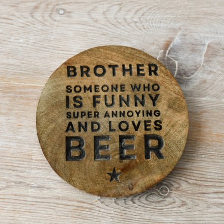 'Brother' Round Wooden Coaster, 10cm