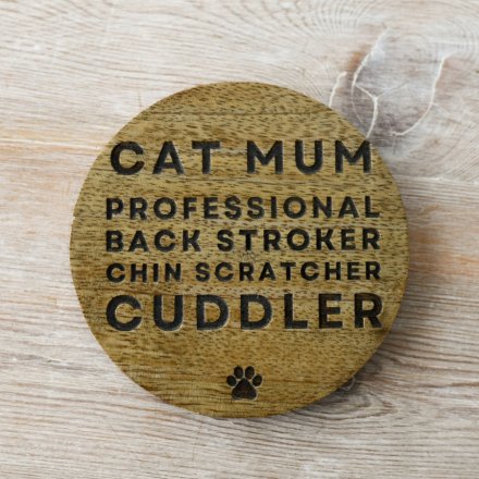 'Cat Mum' Round Wooden Coaster, 10cm