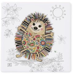 This delightful coaster features a hand-drawn illustration of a sweet hedgehog.