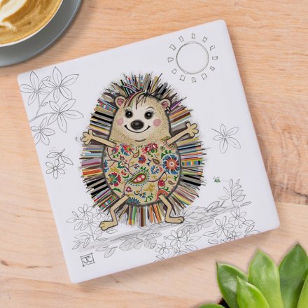 This delightful coaster features a hand-drawn illustration of a sweet hedgehog.