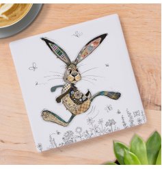 Made from high-quality ceramic, this coaster features a delightful illustration of a hare by the talented Bug Art.