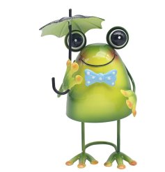 This garden ornament features a cheerful frog holding a vibrant umbrella, adding a touch of personality to your garden