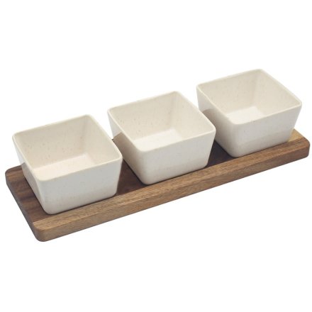 Square Snack Dishes & Wood Tray 32cm