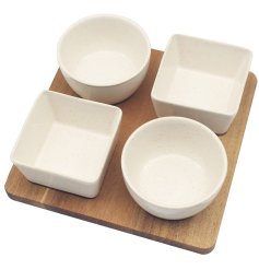 Made from high-quality speckled white ceramic, these dishes are beautifully contrasted by the natural tone of the wood