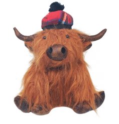 A charming doorstop featuring a cute and fluffy highland cow, adorned with a tartan hat and leather accents