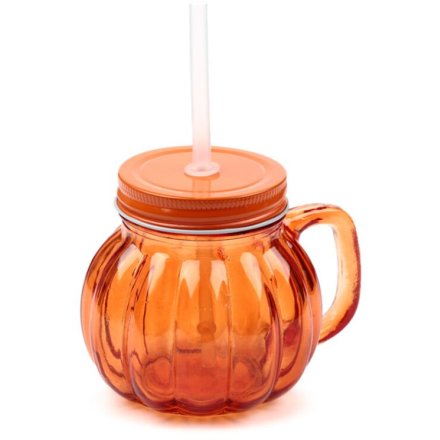 Pumpkin Mason Drinking Jar & Straw, 12cm