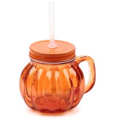 Pumpkin Mason Drinking Jar & Straw, 12cm
