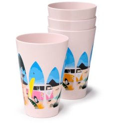 A set of four recycled plastic cups with a tropical beach volkswagen van print.
