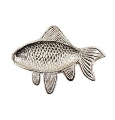 A silver coloured tray in a fish design. 