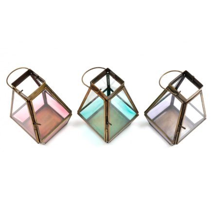 A colourful lantern style tea light holder in 3 assorted designs.