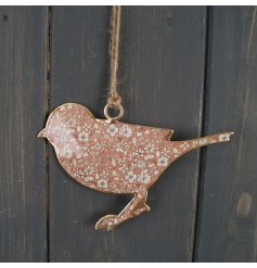 Full of character, this metal bird hanging decoration features beautiful floral decals and is hung by jute twine. 