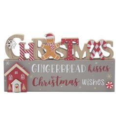 Standing Gingerbread Kisses Christmas Wishes Sign, 24cm