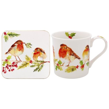 Coaster & Mug Set with Winter Robin Design