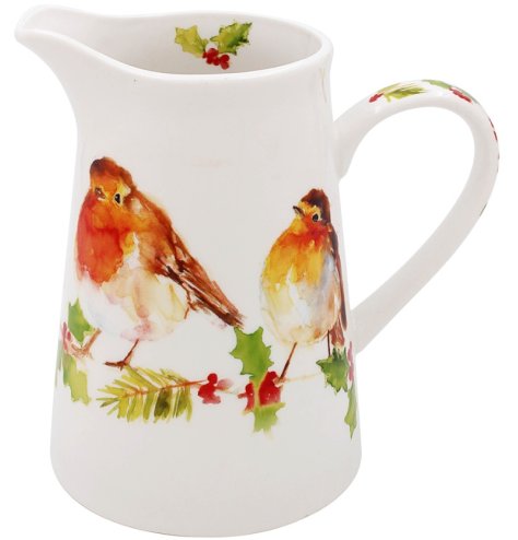 Brighten up any space with our beautifully crafted adorable robin illustrated white ceramic flower jug,