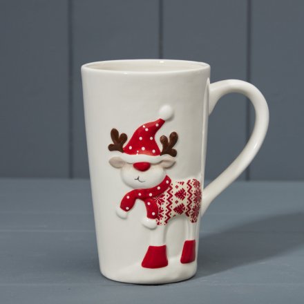 White & Red Reindeer Mug, 14.5cm