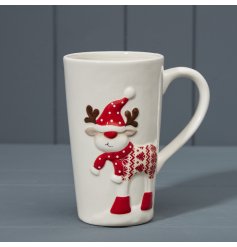 A charming Christmas themed reindeer mug in a red and white colour tone. 