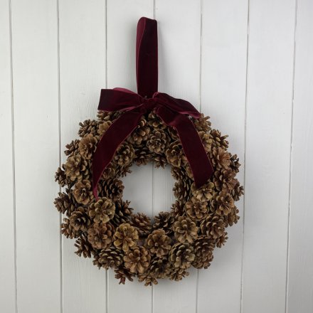 Hanging Pinecone Wreath with Bow, 34cm