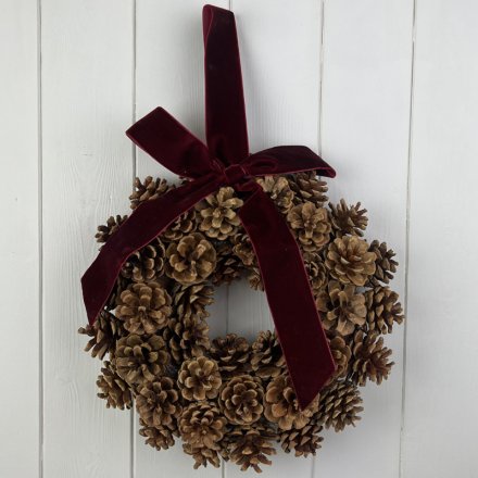 Festive Pinecone Wreath & Velvet Bow, 34cm