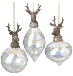 3/A Hanging Bauble Mix with Reindeer Top, 13cm