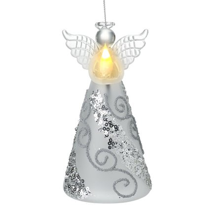 Silver Swirl Skirt Light Up Glass Angel 14.9cm