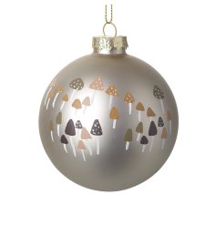 A glass bauble decorated with a traditional array of woodland mushrooms . 