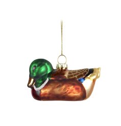 A glass Christmas tree decoration in the shape of a duck. 