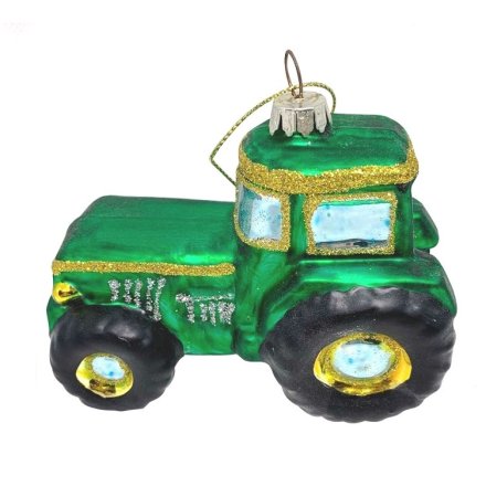 Glass Hanging Green Tractor Deco, 7.5cm