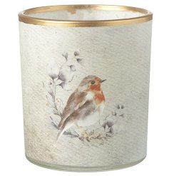 Glass Tea light Candle Holder in Robin Design, 8cm