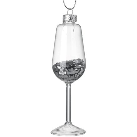 Glass Champagne Glitter Tree Hanger, 12cm