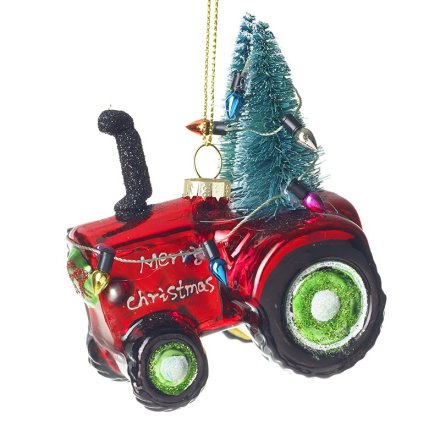 Red Glass Hanging Tractor Decoration, 10cm