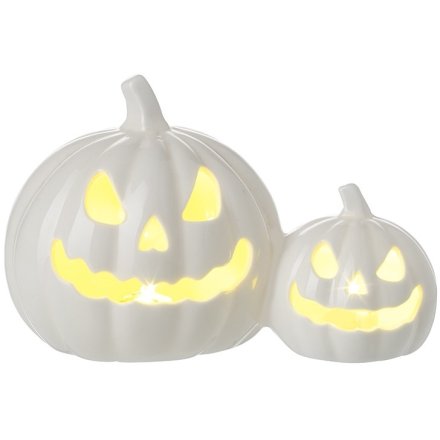 2/A Halloween LED Porcelain White Pumpkins, 16.2cm