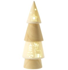 Get ready to add a touch of magic to your holiday season with our Light Up Wooden Cone Tree Scene.