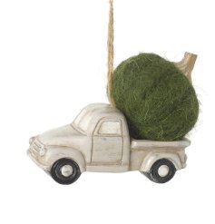 A rustic truck ornament with a green felt pumpkin and jute string hanger.