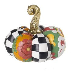 A bright and bold patchwork pumpkin ornament with a checkerboard and floral contrasting design. 