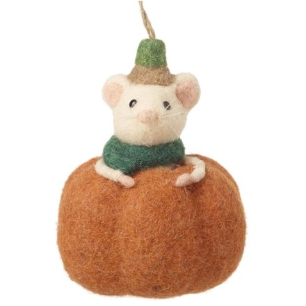 Hanging Felt Mouse In Pumpkin, 14cm