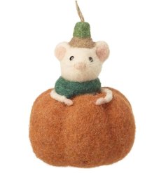 An adorable felt hanging decoration featuring a mouse dressed up in a pumpkin.