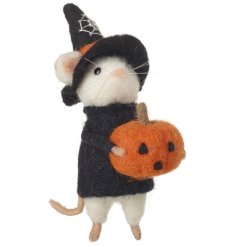 A charming felt mouse decoration dressed as a witch with a carved pumpkin. 