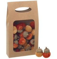A set of richly coloured orange and yellow velvet acorns. Beautifully textured and miniature in size.