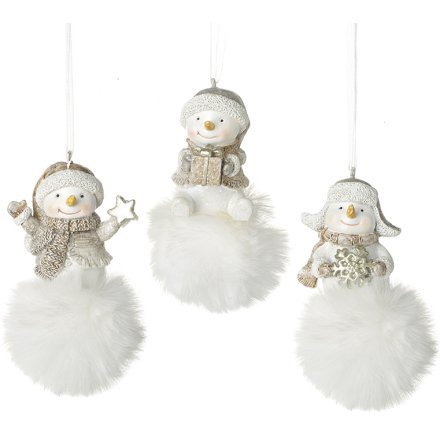 3 Asst Snowmen On White Fluffy Pompoms