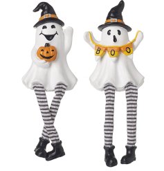 An assortment of 2 shelf sitting ghost figures with fabric legs and pumpkin details. 