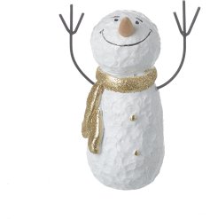 This charming snowman ornament, adorned in a beautiful white and gold finish, features delicate twig-like arms reaching 