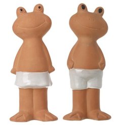 This assortment of 2 cheeky standing frogs wearing glazed swim shorts are perfect for adding charm to any space in the 